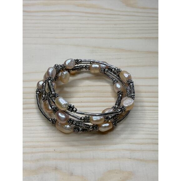Pink Pearl and Silver Memory Wire Bracelet - Picture 4 of 5